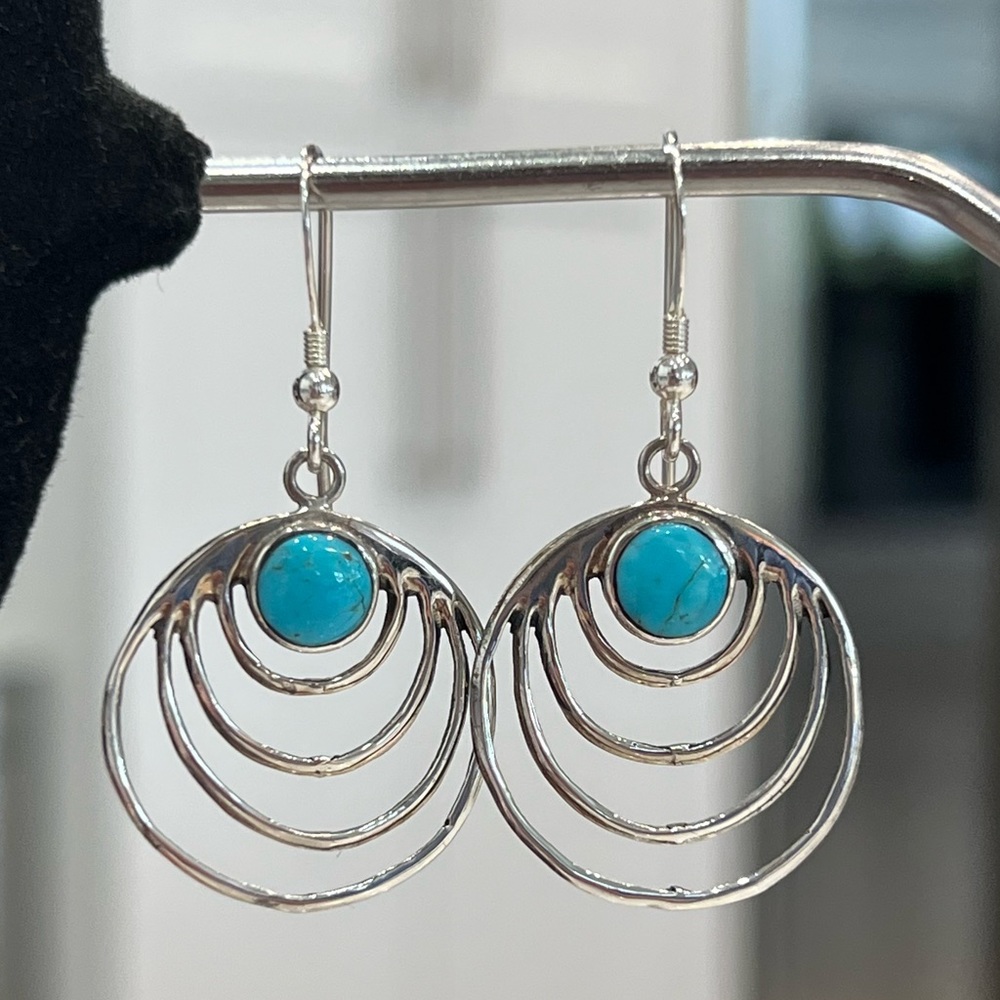 Santa Fe Style Kingman Turquoise Dangling Concentric Circle Earrings